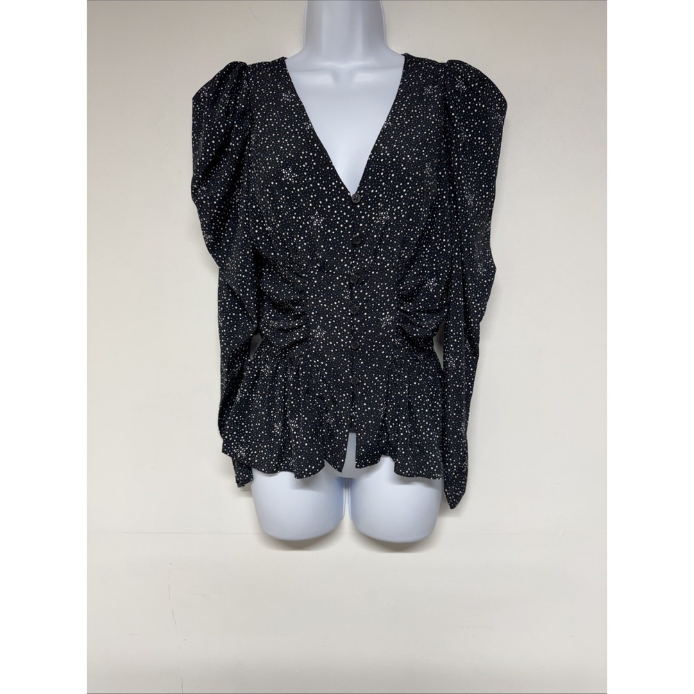 Topshop Blouse Womens Size 4 Black Polka Dot Peplum Puff Long Sleeve V-Neck